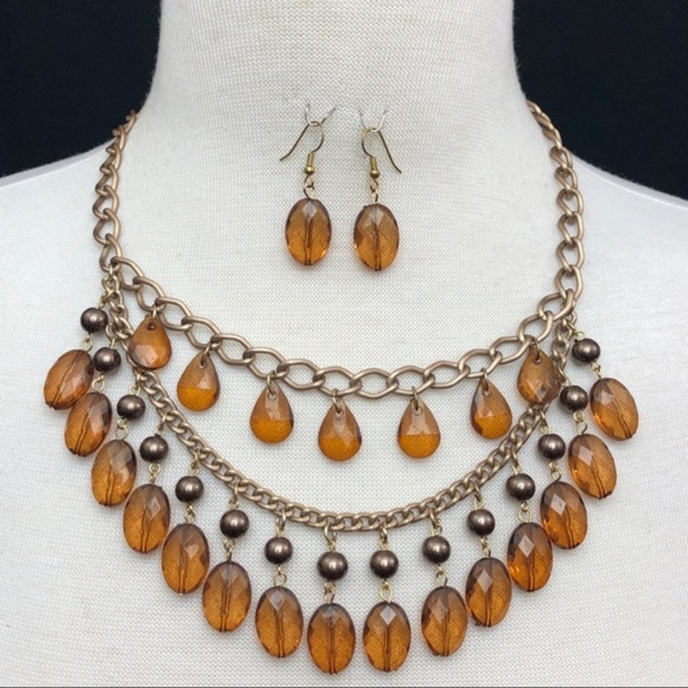 Brown Bead Drop Gold Layered Necklace Earrings Set